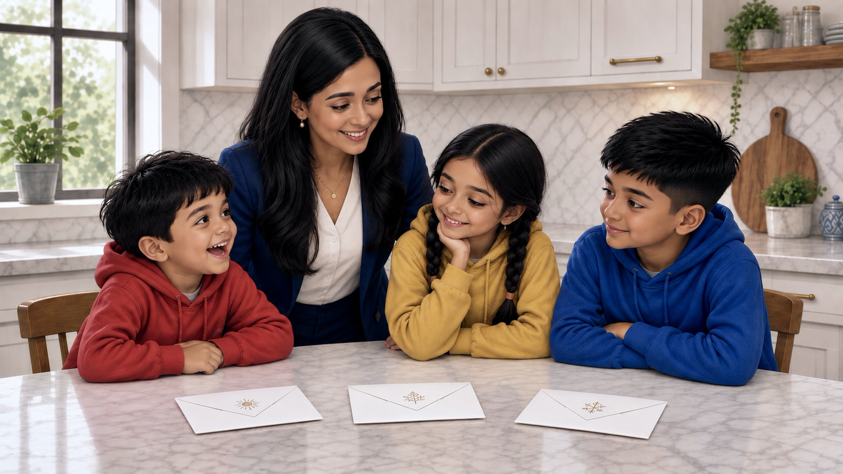 A family sitting together opening colorful letters and smiling