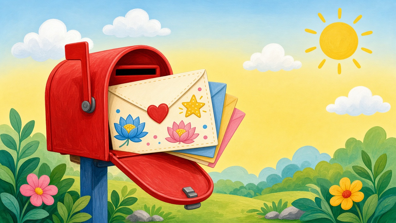 A bright red mailbox stuffed with decorated colorful envelopes